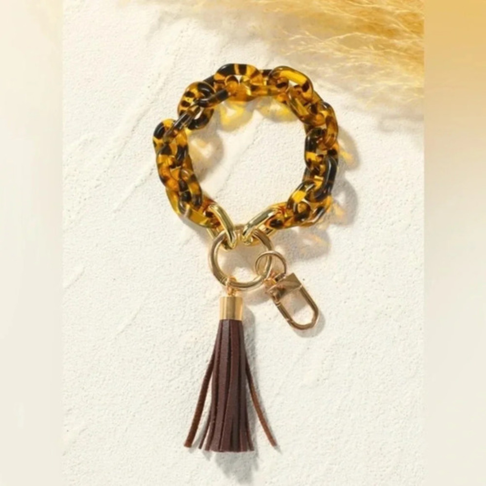 Tortoiseshell Beaded Keychain Bracelet Tassel Key Ring Wristlet